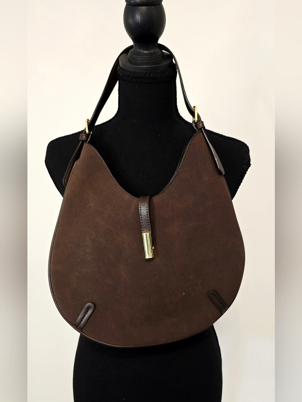 Chocolate Brown Faux Suede Hobo Shoulder Bag Crescent Slouch Minimalist Boho